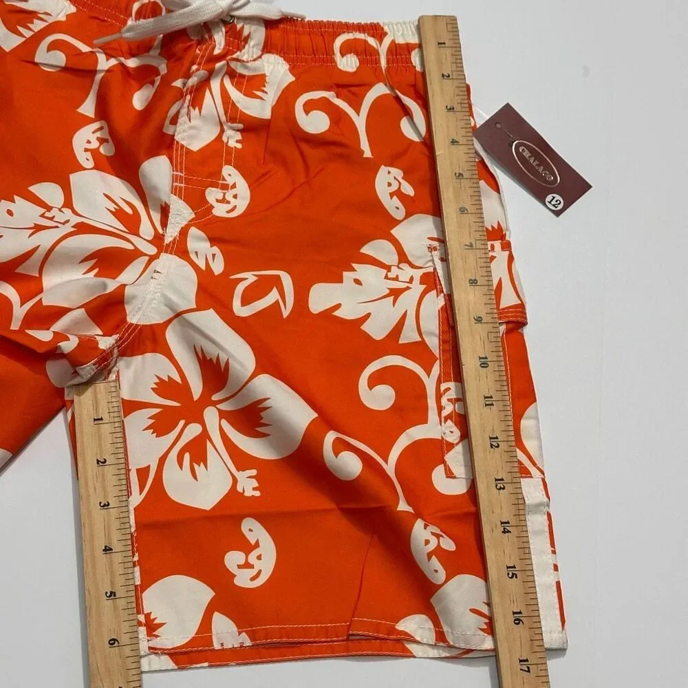 Chalaco Hibiscus Floral Swim Trunks Orange and White | Men Size 12/Medium